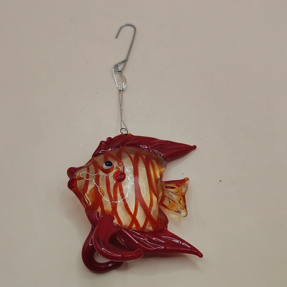 Vintage Handcrafted Blown Glass Red Tropical Striped Fish Ornament W/ Metal Hook